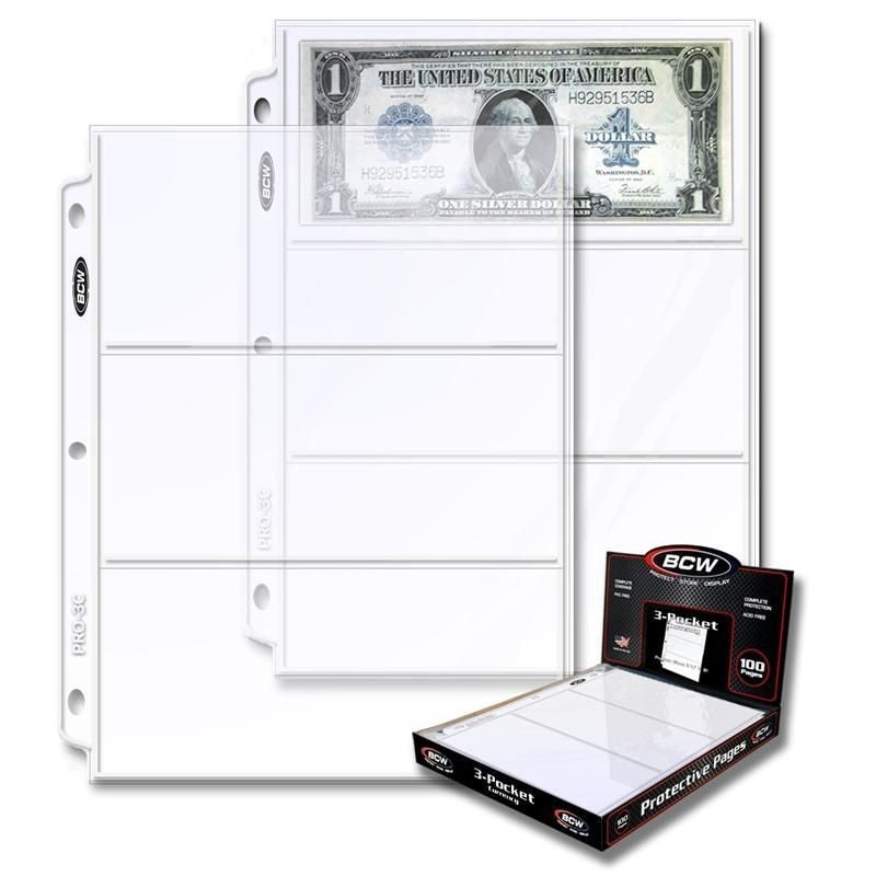 PRO 3-POCKET CURRENCY PAGE (100 CT. BOX)